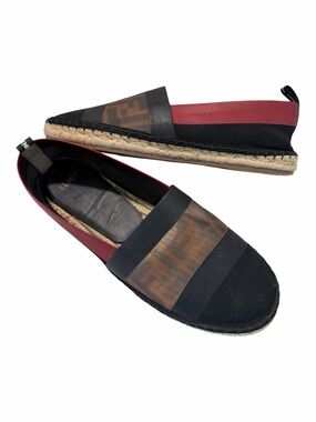 Fendi Black, Brown & Burgundy FF Monogram Espadrille Slip-Ons Size 36.5 6-7